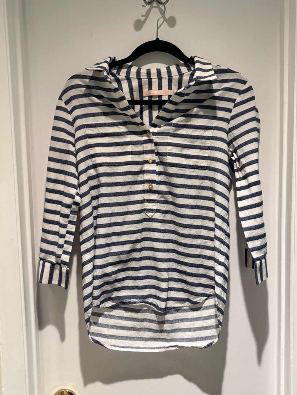Hutch for Anthropologie Nantucket Nautical Navy & White Tab Sleeve Shirt Size S